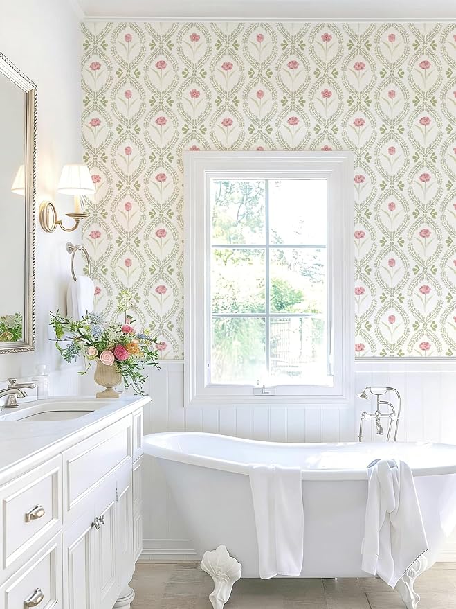 Orainege Peel and Stick Wallpaper Green Pink Floral Wallpaper | 16.9in x196.8in Leaf Contact Paper Vinyl Waterproof Self Adhesive Boho Botanical Wallpapers for Bedroom Living Room Decor - Image 3