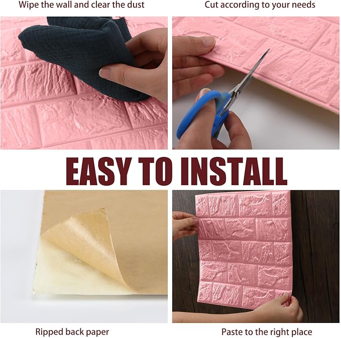 Colarr 60 Pcs 58 Sq ft 3D Wall Panels Peel and Stick Faux Foam 3D Brick Wallpaper Faux Paneling Adhesive Wall Covering Panels Decorative Medieval Tiles Waterproof for Bedroom(Pink) - Image 5