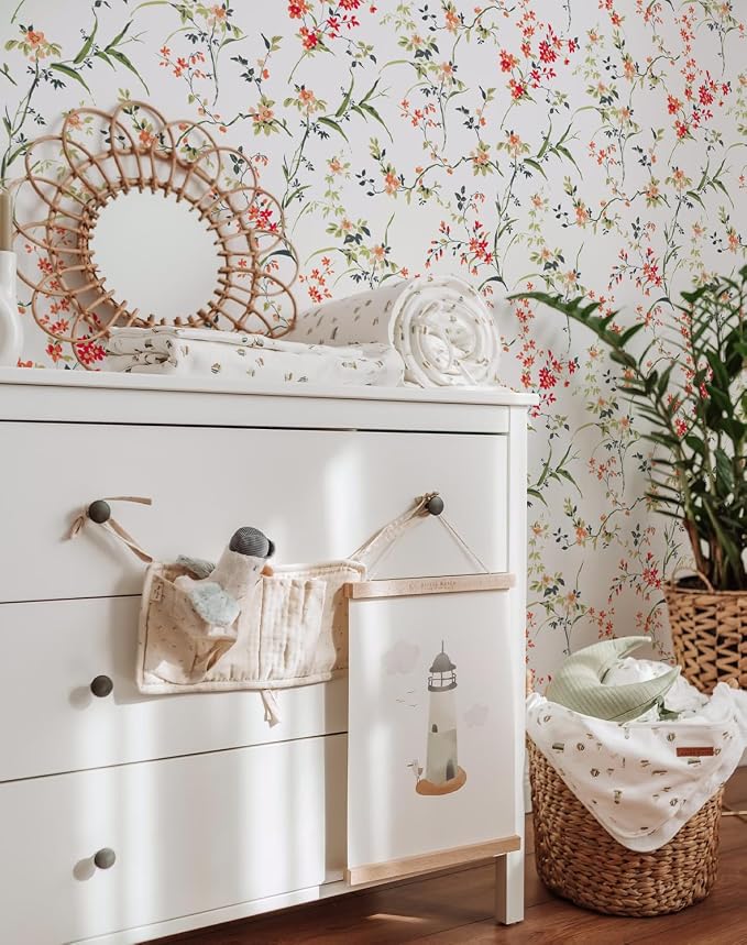 Floral Peel and Stick Wallpaper Self Adhesive Hydrangea Wall Paper French Country Cream Stick on Wallpaper for Bedroom Wall Decor Elegant Mural (Red, 196.85" X 17.4") - Image 2