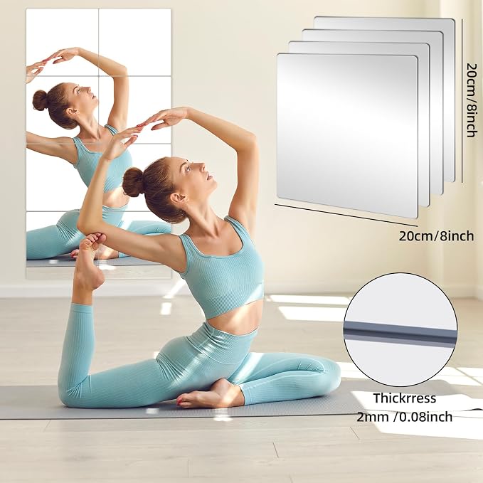Stick on Small Mirror for Wall Decor,4 Pack 13.8”x13.8” Acrylic Mirror Tiles, Plastic Non Glass Sticky Kids Safety Toddler Mirrors, Shatterproof Mirrors Sheet for Bedroom Closet - Image 4
