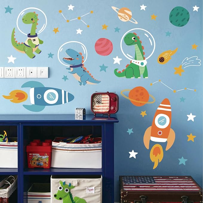 LHIUEM Cute Dinosaurs Astronaut Decal for Nursery,Outerspace Rocket Double Sided Window Clings,Solar System Classroom stickers,Planets Galaxy Gift for Kids Room,Transparent Celestial Stars Wall Decals - Image 5