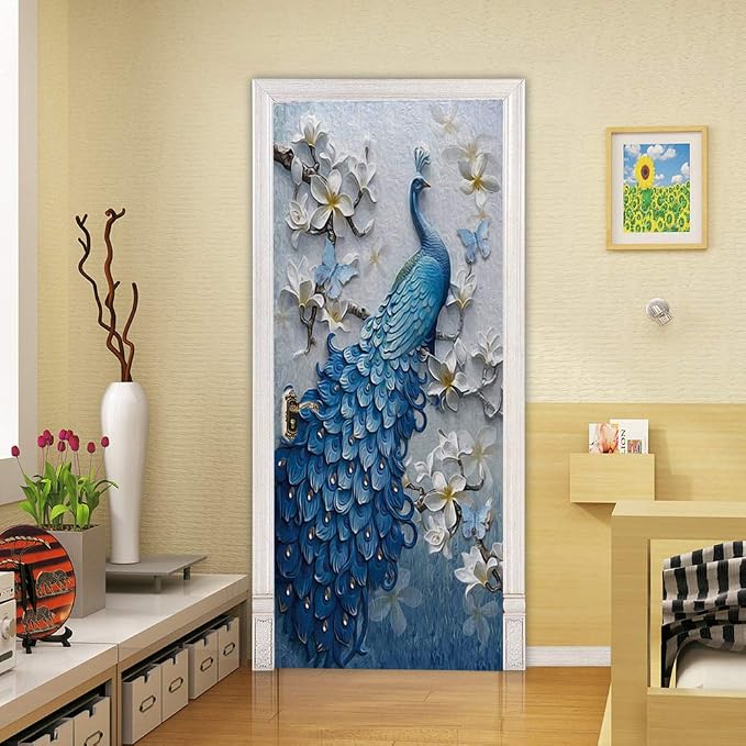 ChezMax Door Stickers Decals 3D Door Murals Peel and Stick, Removable Decorative Vinyl Wallpaper Waterproof Self Adhesive Wall Covers Poster for Home Office Decoration Vivid Palace 30.3" W x 78.7" H | 30.3"W x 78.7"H, 3D Blue Peacock Wallpaper，Waterpro... - Image 4