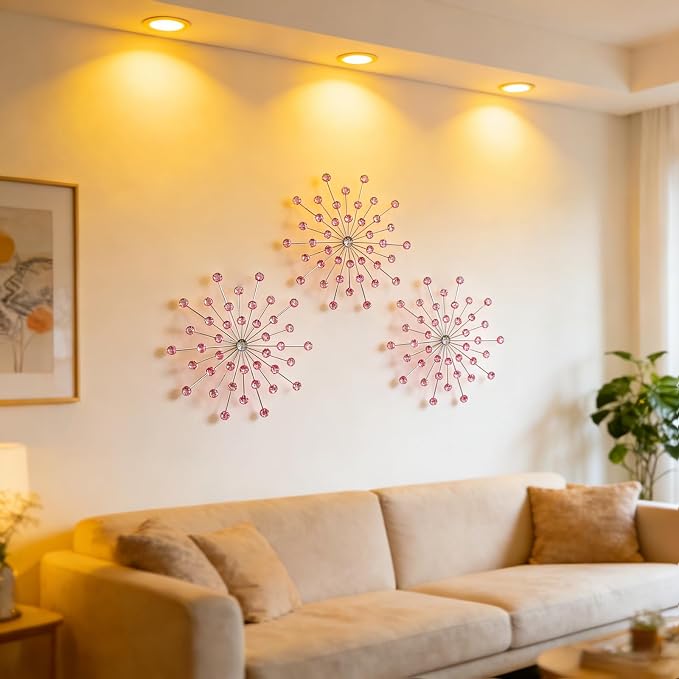 ZEXUIRU 3 Set Silver Starburst Wall Art for Home Decor Metal Bling Crystal Rhinestones Sunburst Wall Decor Sparkling Rhinestone Art Accent Silver - 13in - Image 5
