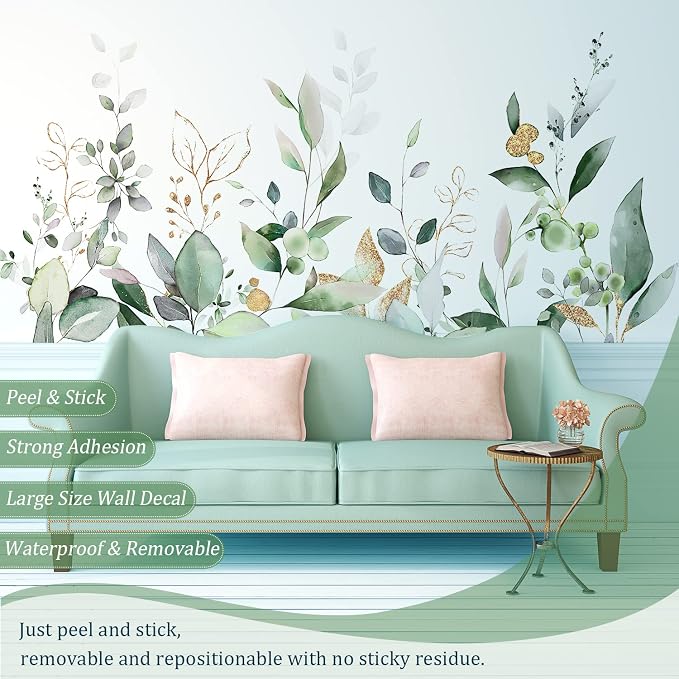 Green Plants Leaves Wall Decals Peel and Stick, Large Hanging Herbal Vinyl Wall Stickers, Removable Vine Home Decor Art for Bedroom Living Room Classroom Office - Image 3