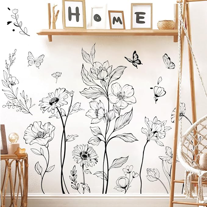 Runtoo Boho Black Flower Wall Decals Simple Wildflower Floral Wall Stickers for Girls Bedroom Nursery Home Decor - Image 4