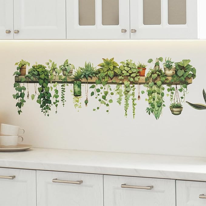 Nature Green Plants Peel and Stick Wall Decals Wallpaper, Removable Wall Decals Shelves Green Plants Vinyl Art Wall Stickers & Murals for Living Room Kitchen Bathroom Decoration (A-Green) - Image 4