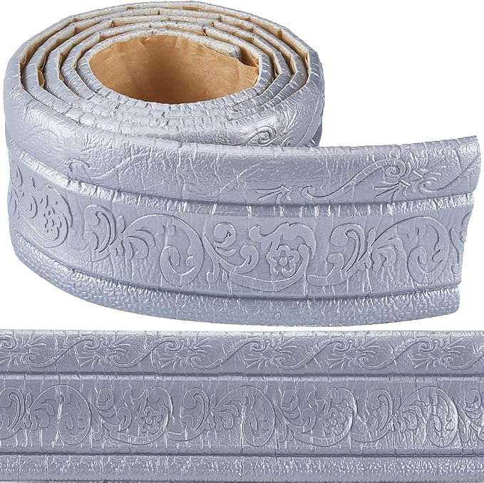 CRASPIRE 88 x 3 Inch Silver 3D Sticky Decorative Wallpaper Border Foam Baseboard Self Adhesive Flexible Foam Trim Molding Peel and Stick Wall Edging Mirror Border Wall Lines Hotel DIY Decor by CRASPIRE