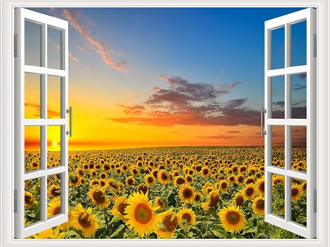 Self-Adhesive Wall Sticker Romantic Living Room Bedroom Study Office Decorative Wall Sticker Ocean Scenery Fake Window Sticker Mural (17.3"×27.6", Sunflower) by THNWSY