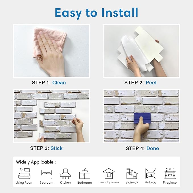 COMSTICKC 3D Faux Brick Wall Panels Peel and Stick, 10 Pcs 11.8" x 11.8" | Retro White, Not Real Brick, Small Size, Ultra-Light PVC Sticker, Fake Brick Decorative Tiles for DIY Decor, Cover 9.7 sq ft - Image 8