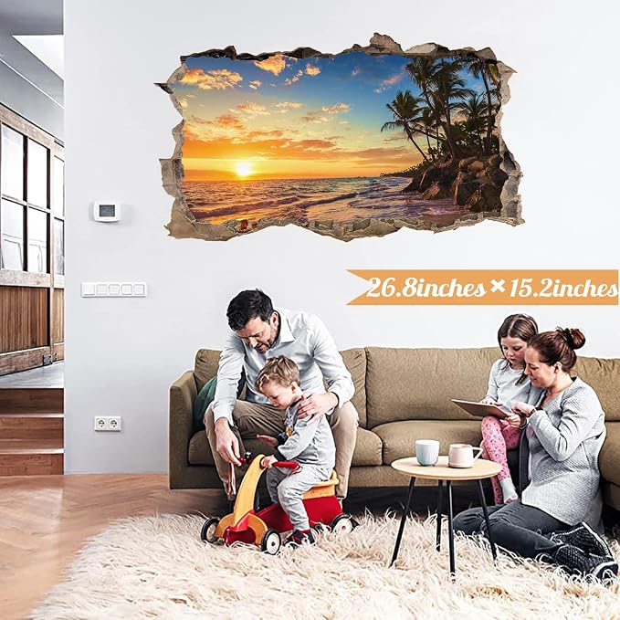 Sunset Beach Wall Decals 3D Broken Walls Stickers Peel and Stick Art Murals | Sunset palm tree stickers, removable beach seascape vinyl decal, for bedroom living room kitchen summer art print decorative - Image 5