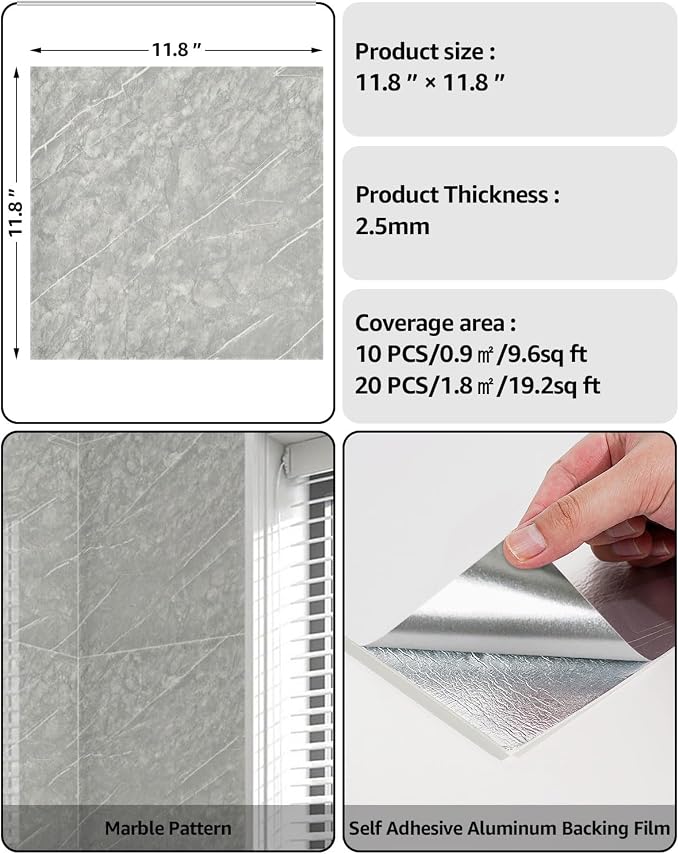 WADILE 20PC Peel and Stick Wall Panels 11.8 x 11.8 Dark Grey | Marble look, Self adhesive, PVC Panels, Lightweight Foam Wall Panels, Bathroom, Kitchen, Not Real Tile - Image 2