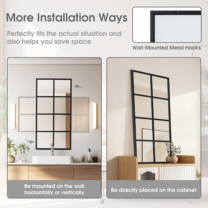 DUMOS Wall Mirrors 16" x 32", Set of 2 Rectangle Window Pane Decorative Mirrors, Black Metal Framed Wall Mounted Mirror for Bathroom, Bedroom, Entryway - Image 5