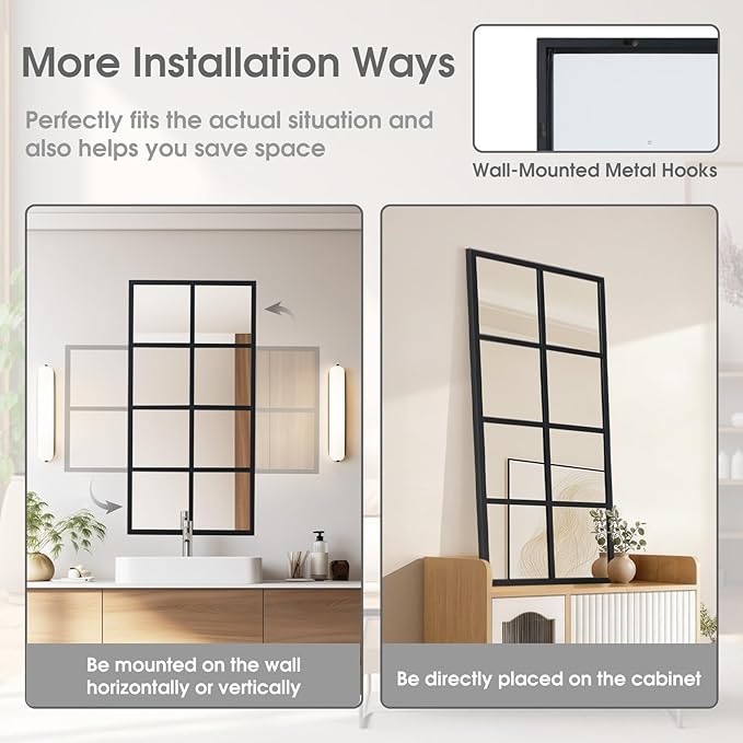 DUMOS 2Pcs Window Pane Wall Mirror, 16x32 Inch Black Framed Mirrors for Wall Decor Living Room, Black Metal Framed Big Square Mirror for Bathroom, Bedroom, Entryway - Image 4
