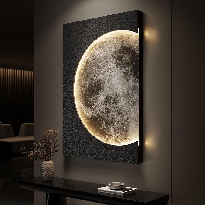 Cuspin Large 3D LED Moon Wall Art, 24x36 In (Black) | Modern minimalist style, Lighted lunar design, Standstone-like textured, For bedroom living room dining room hallway entryway by Cuspin