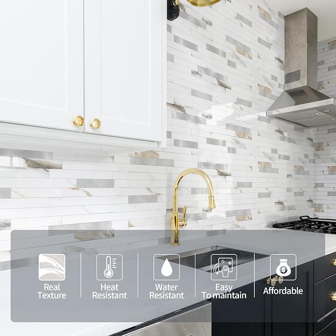 Yipscazo 1 Sheet Peel and Stick Stone Metal Tile Backsplash, Stick on Tiles for Backsplash Kitchen, Bathroom, Laundry Room, Camper, Fireplace (12'' X 12'', Polished Marble) - Image 3