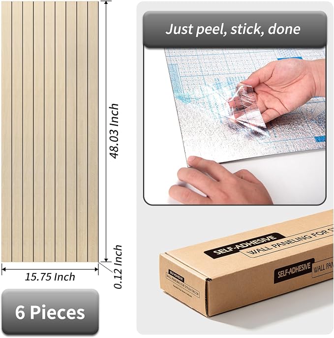 AMZDEPOT 6 Pack Peel and Stick Wood Panels for Wall, Herringbone Oak | Self-Adhesive Slat Wall Panels, PVC Thick, 3D Wood Grain Wallpaper, for Walls and Ceilings, 48"x15.75", Packed in Long Boxes - Image 2