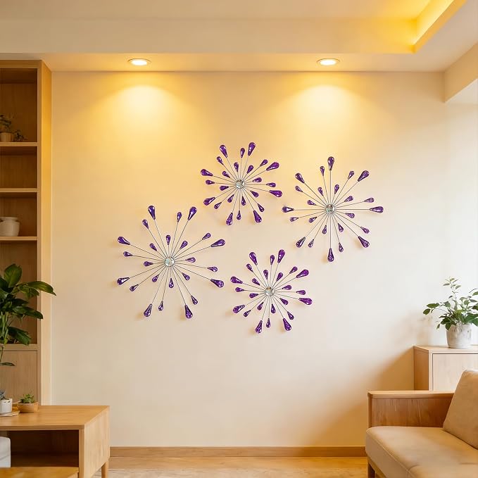 ZEXUIRU 4 Set Silver Starburst Wall Art for Home Decor Metal Bling Crystal Rhinestones Sunburst Wall Decor Sparkling Rhinestone Art Accent -Purple 13in/11.8in/9.8in/9.8in - Image 4