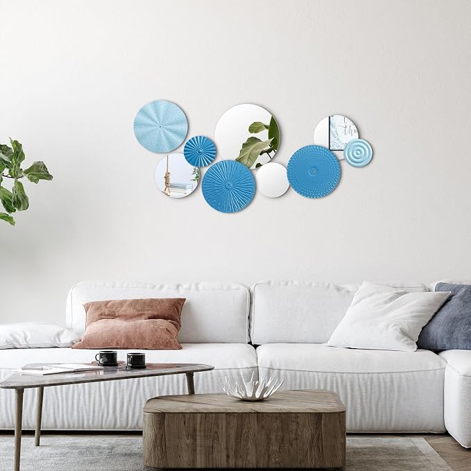 Blulu 9 Pcs Blue Mirror Wall Decor Metal Round Home Art Decor Decorative Modern Circle Mirror Wall Art Sculpture Hanging Decorations for Home Living Room Office - Image 4