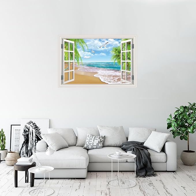 Fake Window Wall Decal- Summer Beach Ocean Coconut Trees Open Art Sticker | Faux Window Natural Scenery Landscape Mural｜ Stick and Peel Wall Decals｜Room Bedroom Office Decor｜Large Murals 66"x48" - Image 5
