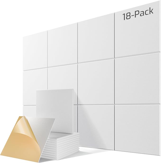 18 Pack Self-Adhesive Sound Proof Foam Panels for Walls 12"x12"x0.4" Fabric | High-Density Acoustic Panels, Noise Reducing Soundproof Wall Panels for Home Studio, Office, Easy-Install White by Lebenforce