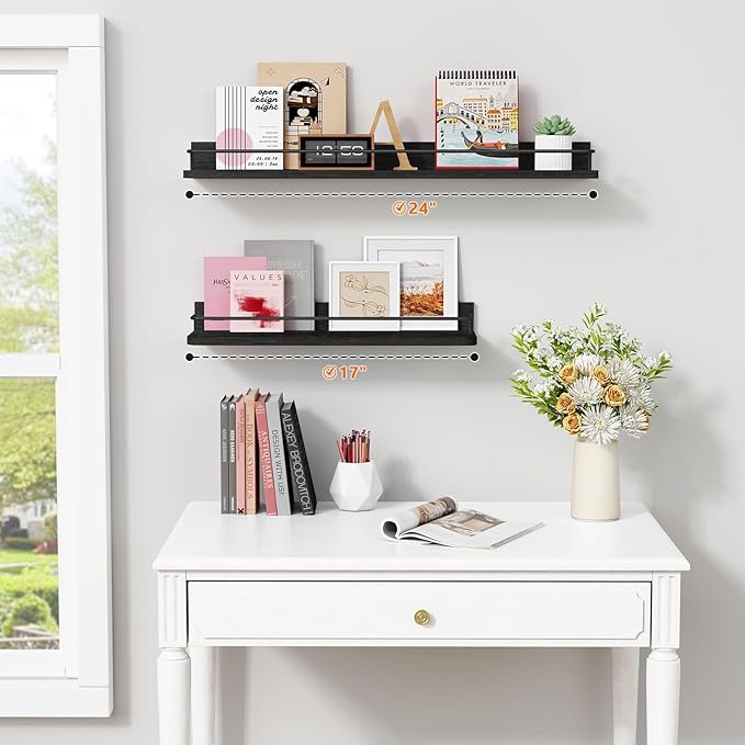 Forbena 24 Inch Wall Shelves for Bedroom 3-Pack, Black Floating Shelves with Rail, Vintage Large Floating Book Shelves for Bathroom Kitchen Living Room Office Decor Kids Room Legos Display (Black) - Image 2