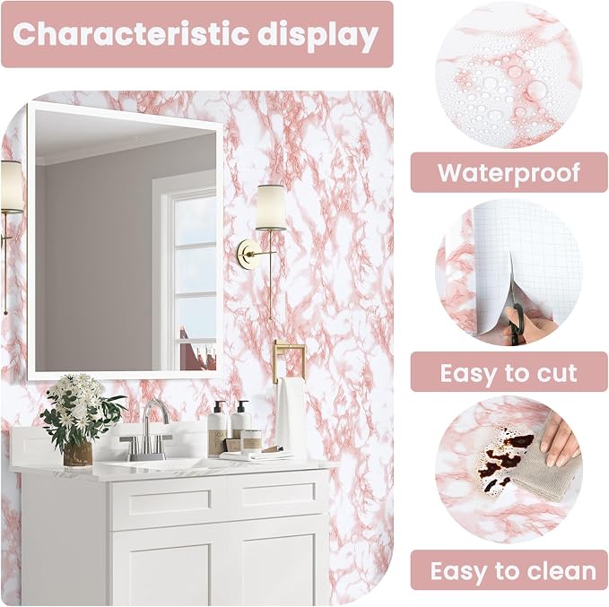 Marble Contact Paper Pink Peel and Stick Wallpaper for Kitchen Countertop | 17.7 in x 393.7 in Marble Granite Self-Adhesive Wallpaper Cabinets Drawer Shelf Wall Crafts Wall Paper Decorations - Image 7