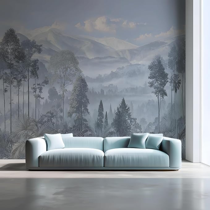 ASJ Forest Peel and Stick Wallpaper Mural, Misty Mountain Light Blue | Seamless edge-to-edge match. Dusty blue grey nature artwork, 157x98 in, premium fabric, living room bedroom. - Image 3