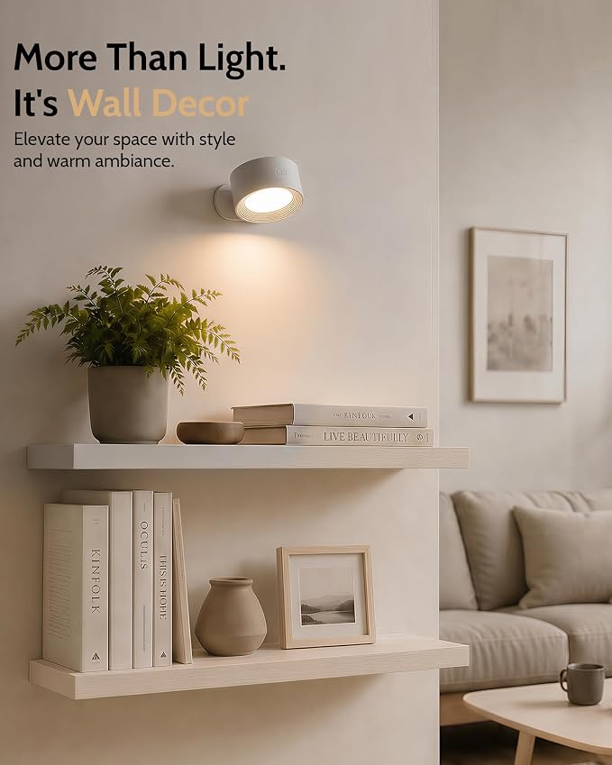 LED Wall Sconces, Rechargeable Wall Lights, White, 1 Pack | Cordless Design, 3 Color Temperatures, Dimmable, Remote & Touch Control, 360° Rotation, Bedroom & Living Room - Image 2