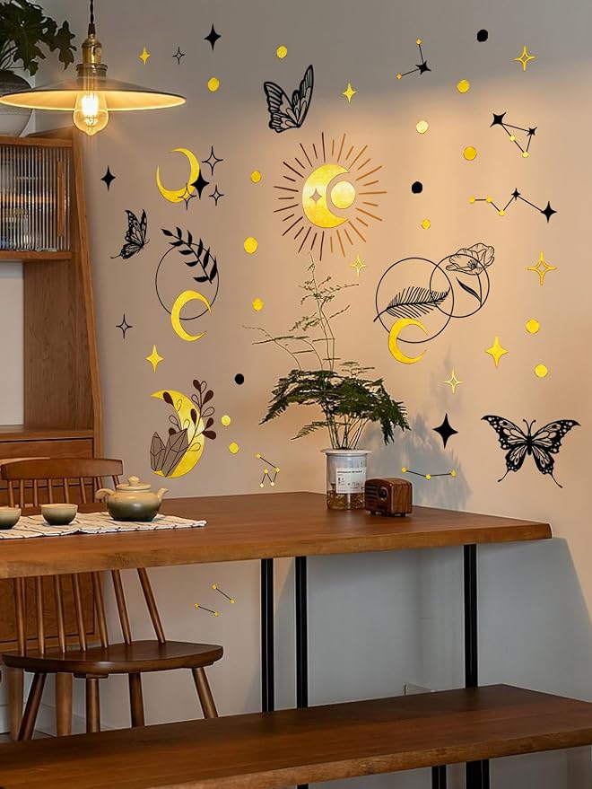 Boho Gold & Black Foil Wall Stickers - Celestial & Butterfly Wall Decor Peel and Stick Removable Art Decals Decorative for Living Room Bedroom,59.9 cm x 63.2 cm - Image 5