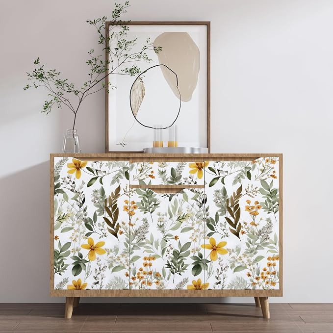 Laatse Vintage Green Yellow Wild Floral Botanical Wallpaper 17.5"x787" | Self Adhesive/Removable/Waterproof/Thick Vinyl Extra Long Contact Paper for Bathroom Bedroom Shelf Cabinet Drawer,Prepasted - Image 3