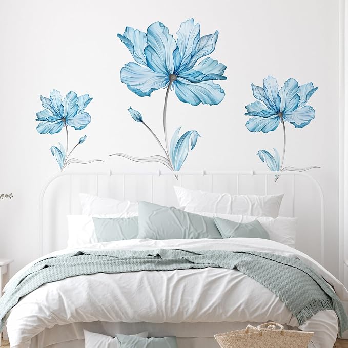 Zonon 6 Pcs Flower Wall Decals Peel and Stick Sticker, Blue Flower | Vinyl Removable Wall Stickers & Murals, Watercolor Flower Wall Decals, Blue Floral Decor for Bedroom, Living Room, Nursery - Image 3