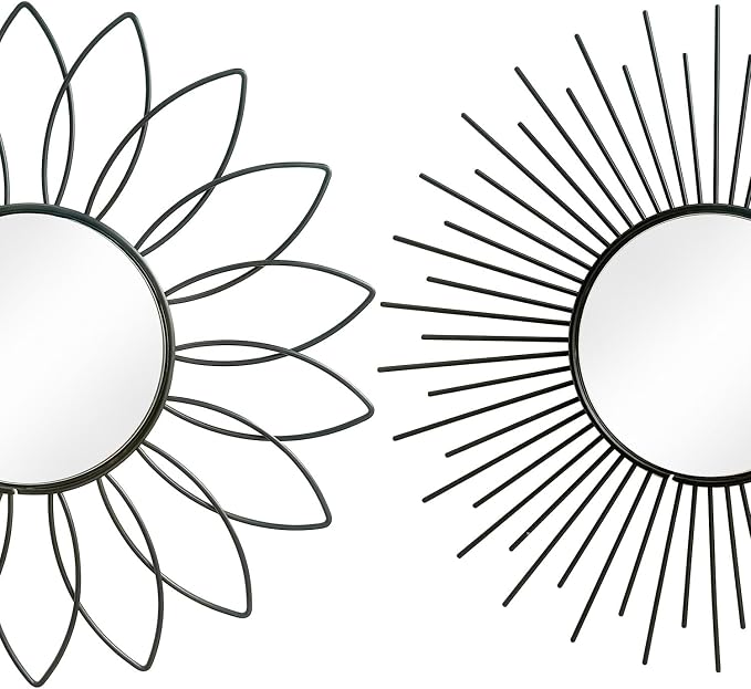 3 Pack Metal Mirrors for Wall Sunburst Wall Mirrors Home Décor Decorative Hanging Wall Art for Living Room Bedroom Entryway (Black2, Flower+Sunburst) - Image 2