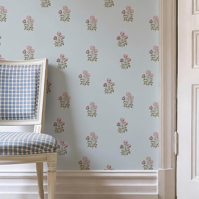 17.3" x 196.8" Vintage Blue Floral Wallpaper Peel and Stick Boho Wallpaper Removable Waterproof Rose Pattern Contact Paper for Bedroom, Bathroom, Home Wall - Image 6