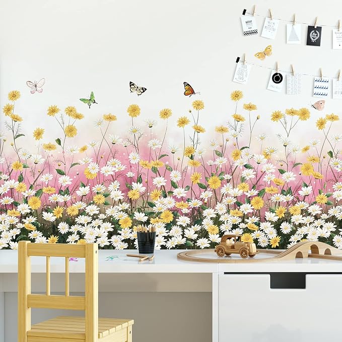 2 Sheets Yellow Daisies Flowers Wall Decals Small Fresh White Chrysanthemum Wall Stickers Pink Gypsophila Wall Art Murals for Baby Kids Girls Bedroom Living Room Corners Skirting Lines Waist Lines - Image 8