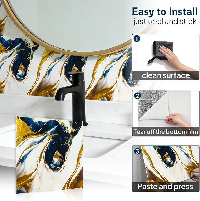 Peel and Stick Wall Panels, Self-Adhesive Waterproof Tile Look Wallpaper, Blue and Gold Marble Design, 2.4mm Thick, 30 Sheets - Image 3