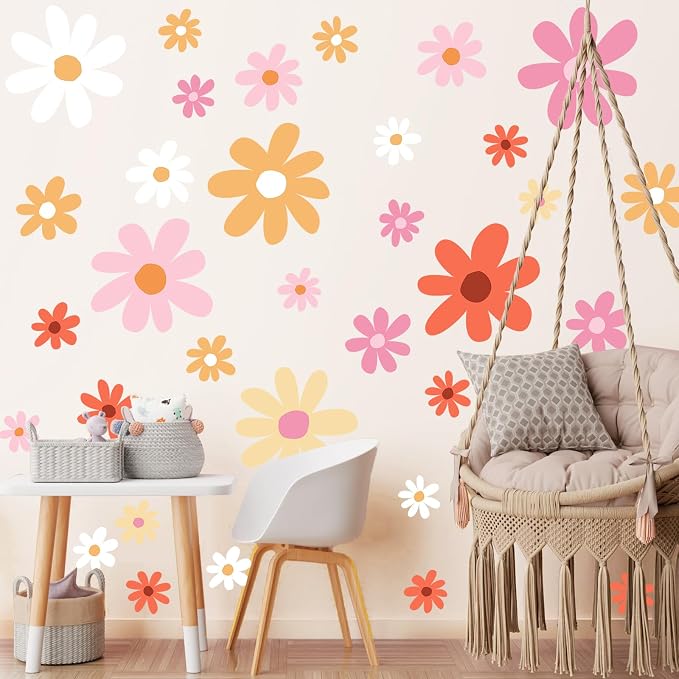 TaoBary 12 Sheet Colorful Daisy Wall Sticker Decal Big Flower Wall Sticker | Big Flower Floral Wall Decals, Daisy Bedroom Room Decor, Pink Orange White, Removable Peel and Stick, Nursery Home Wall Decor by TaoBary