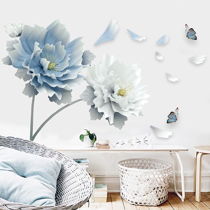 Blue Flower Butterfly Floral Wall Decals DIY Craft Art Decor Wall Stickers Murals,Peel and Stick Removable Waterproof Decorative Decoration,for Living Room TV Background Kids Gilrs Rooms Bedroom - Image 3
