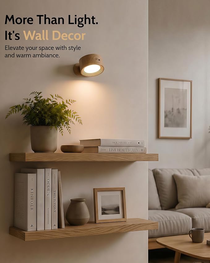 Rechargeable Wall Sconces with Remote, Magnetic Wall Lights, Wood 2 Pack | 3 Color Temperatures, Remote and Touch Control, 360° Rotating and Dimmable for Living Room & Bedroom - Image 2