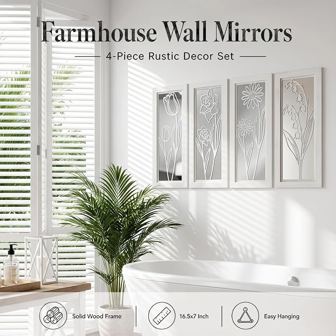 4 Set Farmhouse Mirrors for Wall Decor Living Room Bedroom Bathroom Entryway Wood Rustic Decorative Framed Hanging Wall-Mounted Accent Mirror Mounted Style - Distressed White 16.5 in - Image 6