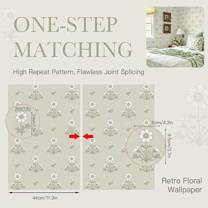 Vintage Floral Wallpaper Floral Peel and Stick Wallpaper for Bathroom 78.7"×17.3" Daisy Wall Paper White and Green Cottagecore Contact Paper for Nursery Kitchen Self-Adhesive Vinyl Waterproof - Image 9