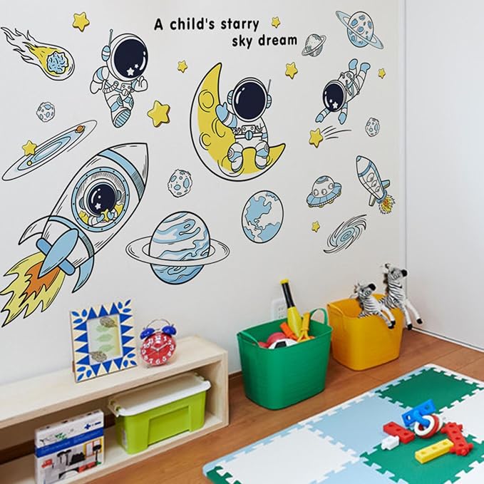 Arawat Space Decor Astronaut Wall Stickers - Space Theme Bedroom Classroom Playroom Murals & Decals - Wall Decals for Boys Girls Room - Outer Space Wallpaper With Planets - Image 7