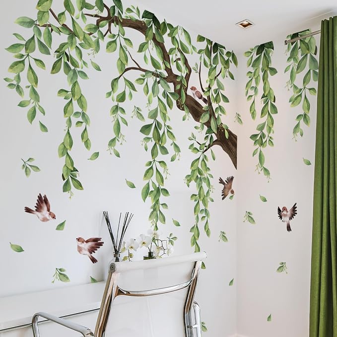 Lilac 3 Sheets Wall Decoration Large Green Tree Wall Stickers | Hanging Vine Tree Wall Decals Peel and Stick Leaves Branch Wall Murals Decor for Living Room Bedroom (Green, 11.8 * 35.4inch) - Image 4