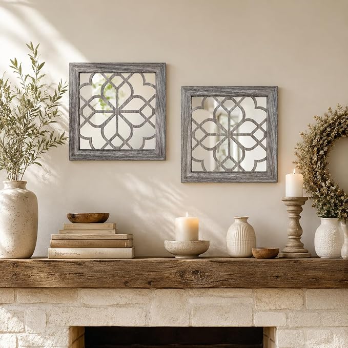 Boho Wall Mirror Decor, Set of 2 Rustic Farmhouse Accent Mirrors 12x12 Inch, Square Acrylic Shatterproof Vintage Style Mirror for Wall, Small Decorative Mirrors for Living Room, Bedroom, Brown - Image 3