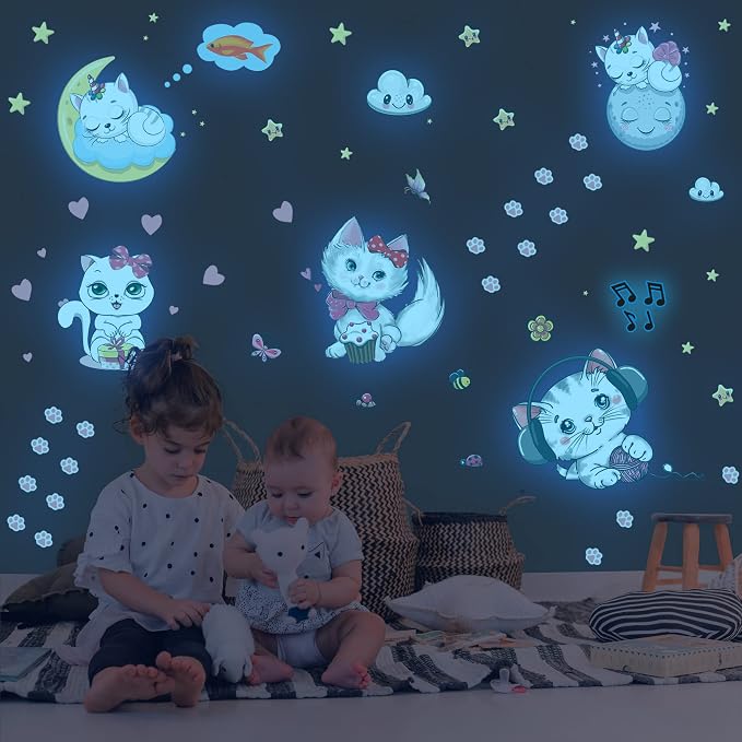 Glow in The Dark Stars for Girl's Room, Glowing Cats Cartoon Wall/Ceiling Decals, Kitten Butterflies Stickers for Kids Bedroom, Luminous Wall Decor for Nursery (Blue) by Robmoda