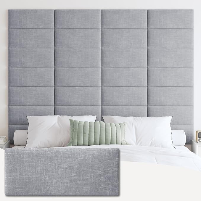IFNOW Wall Mounted Headboard, Peel and Stick Panels, Light Grey, Queen | 3D Soundproof Acoustic Padding, Reusable and Removable, Tufted fabric Bed Headboard, for bedroom (9 Panels, 10" x 24") by IFNOW