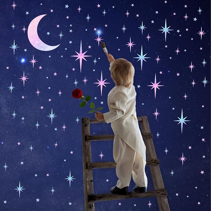Retro Star Wall Decals Sparkle Wall Decor Stickers Rainbow Stars Moon Decal | Rainbow star room decor, peel and stick, removable vinyl art murals wallpaper, for ceiling baby kids girl bedroom living room - Image 3