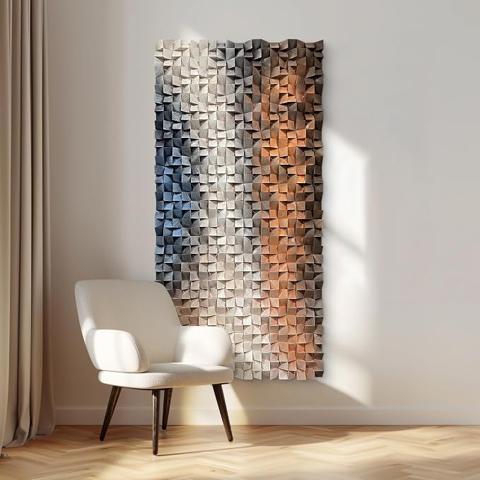 LIUZEYUE Contrasting Pine Relief, Modern Wood Wall Sculpture, Block Relief | 3D geometric wood wall decor; blue gray and ivory, tactile wood mosaic; reception lounge feature-wall anchor; 27.6 x 55.1 in - Image 7