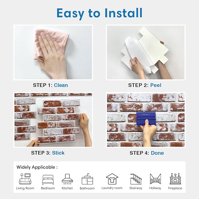 COMSTICKC 3D Faux Brick Wall Panels Peel and Stick, 10 Pcs 11.8" x 11.8" | Whitewash Red, Not Real Brick, Small Size, Ultra-Light Thin PVC, Fake Brick Decorative Tiles for DIY Decor, Cover 9.7 sq ft - Image 9