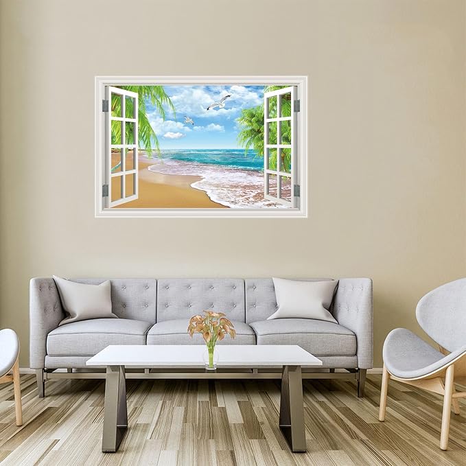 Fake Window Wall Decal- Summer Beach Ocean Coconut Trees Open Art Sticker | Faux Window Natural Scenery Landscape Mural｜ Stick and Peel Wall Decals｜Room Bedroom Office Decor｜Large Murals 66"x48" - Image 3