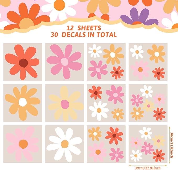 TaoBary 12 Sheet Colorful Daisy Wall Sticker Decal Big Flower Wall Sticker | Big Flower Floral Wall Decals, Daisy Bedroom Room Decor, Pink Orange White, Removable Peel and Stick, Nursery Home Wall Decor - Image 2
